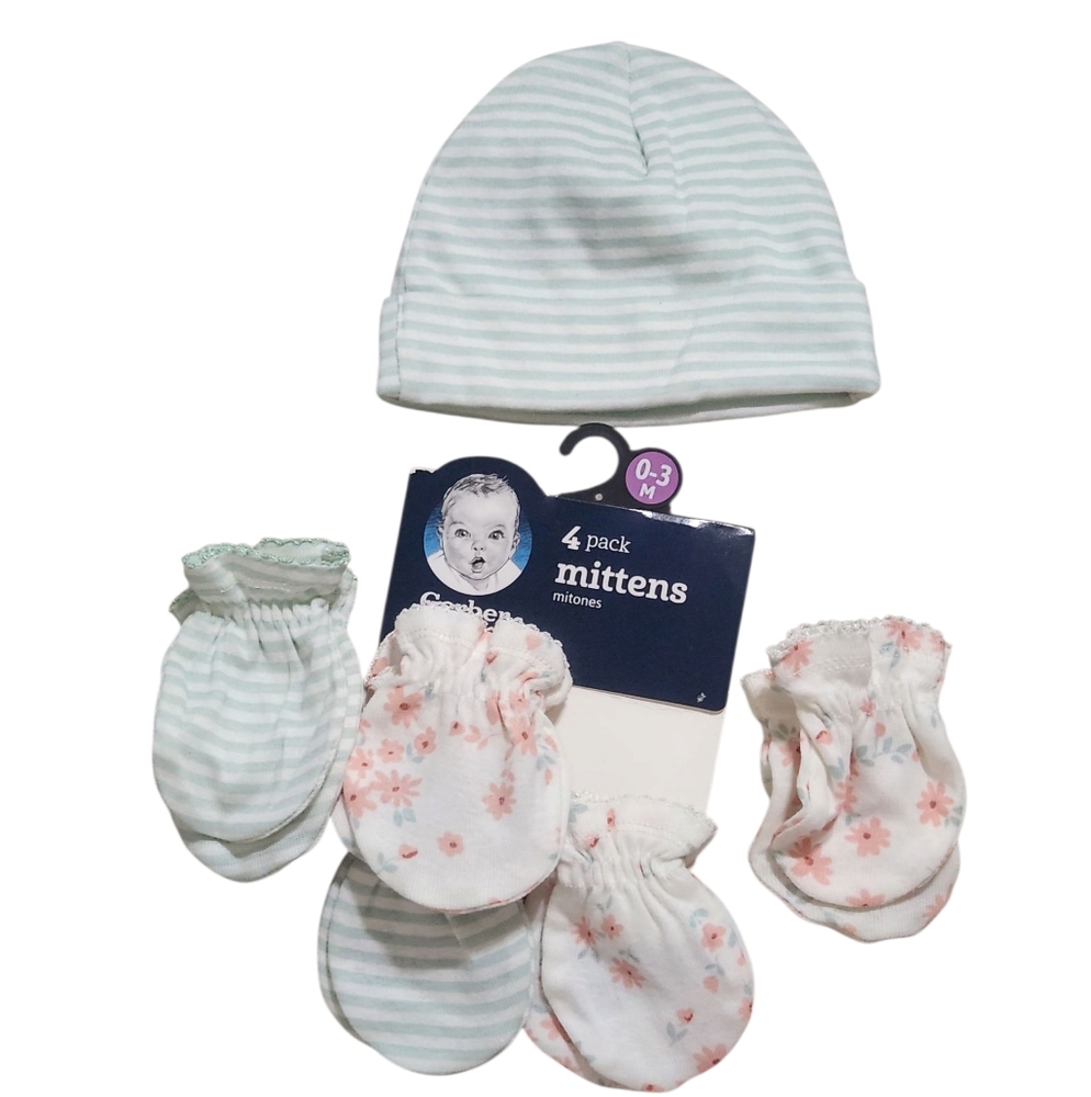 GERBER Baby Girl Mittens and Hat Set